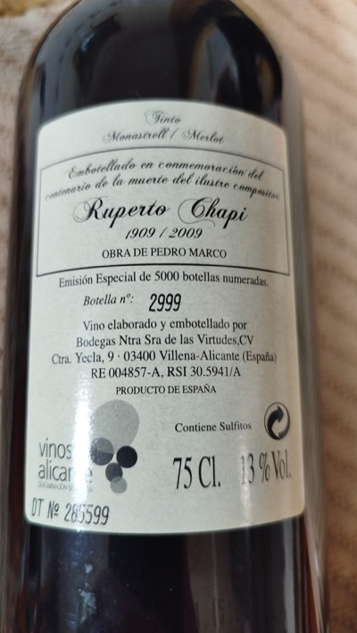 Botella conmemorativa Ruperto Chapí — detalle
